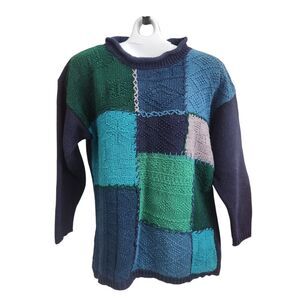 Erika Vtg 90s Hand Knit Patchwork Sweater L-Chunky Navy Multi Cottagecore Granny